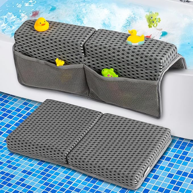 OS OMYSTYLE Baby Bath Kneeler and Elbow Rest Pad Set, 1.5'' Thick Quickly Dry Bathtub Kneeler Pad with Baby Toys & Bath Accessories Organizer, Kneeling and Elbow for Tub, Non-Slip Mat(Grey)