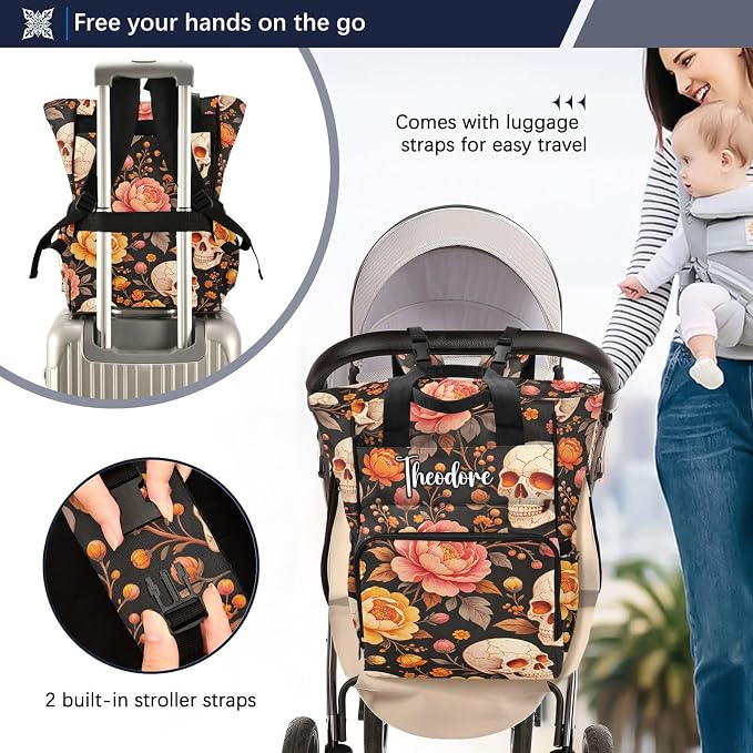Custom Name Skull Orange Marigolds Diaper Bag Stroller Straps Gift Mom Dad