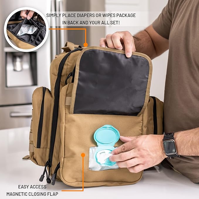 Tan Dad Diaper Bag - Molle-Style Military Diaper Backpack Made of Rugged 900D Waterproof Polyester with Wider Extra-Long Straps, Pouch for Dirty Diapers, Baby Wipes Dispenser & Insulated Pockets
