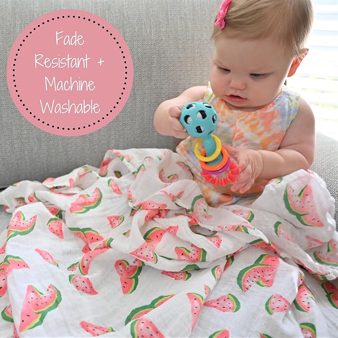 LollyBanks Muslin Swaddle Blankets, 100% Cotton Newborn Blanket for Boys and Girls, Large 47 x 47 Inches Lightweight and Breathable Baby Swaddle Blanket, Baby Essentials, Registry (Watermelon Print)