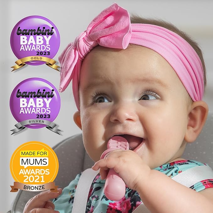 TalkTools ITSY Tiny Silicone Spoons ??Twin Pack Soft Silicone Self-Feeding Training Spoons for Kids & Toddlers, Anti-Choking Flange Guard and Non-Slip Handle (Bubblegum)