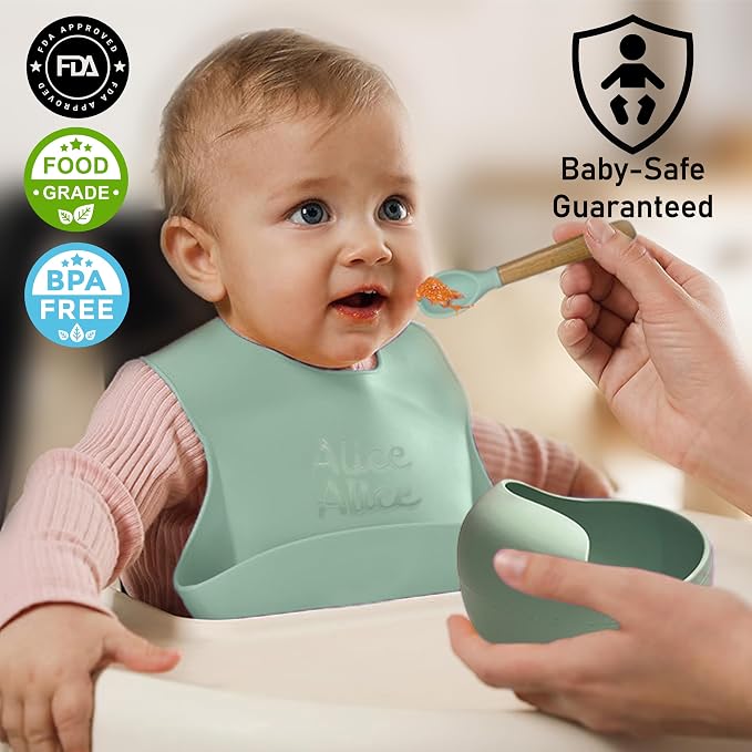 Personalized Silicone Baby Weaning Set,Custom Weaning Set for Toddler,Baby Feeding Set，Suction Plate Bowl Set, Self Feeding Spoons, Bib, Cup, Baby Led Weaning Supplies (Turquoise)