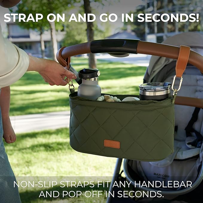 Beautiful Stroller Caddy Organizer With 2 Cup Holders ??Luxury Stroller Bag, Universal Fit, Leather Straps & Zipper Pocket ??Spacious Accessories Perfectly Fits Doona, Nuna & Uppababy Strollers