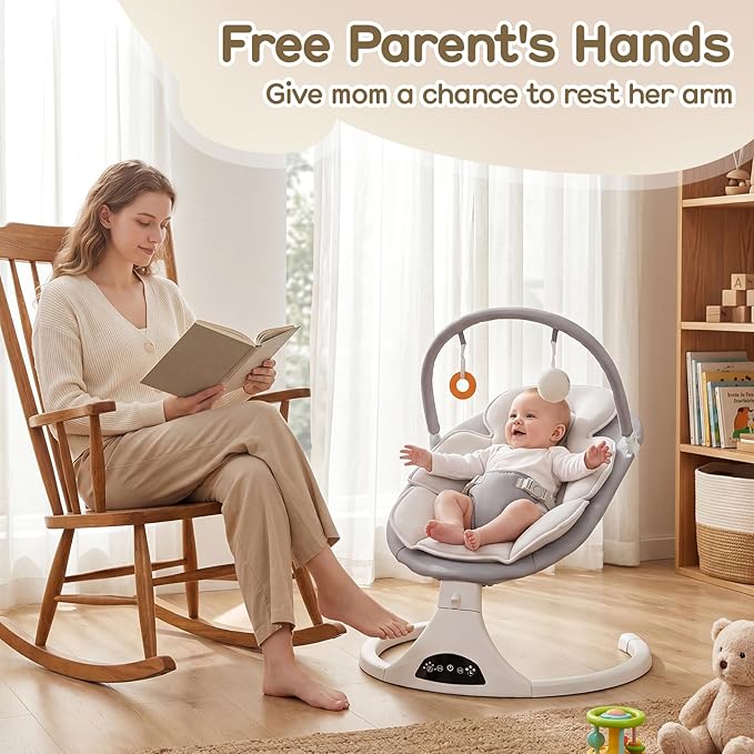 Electric Baby Swing with Remote Control - 5 Natural Motion Speeds, Detachable Seat Pad, Portable Infant Swing for Indoor/Outdoor Use, 0-6 Months, 20lbs, Gray