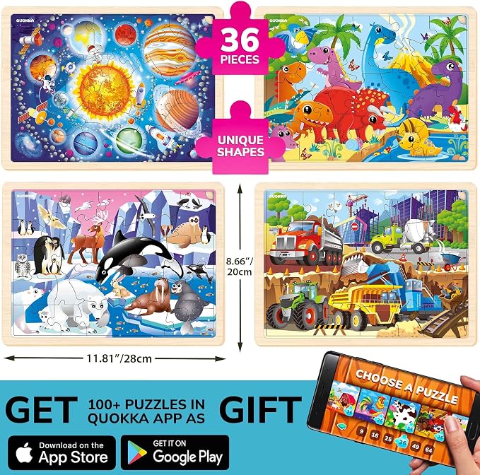 QUOKKA 4SET Puzzles for Kids Ages 4-6 - 36 Pcs Wooden Realistic Montessori Toddler Puzzles Ages 3-5 - Animals Dinosaurs Learning Games for Boys and Girls 4-8 Year Olds