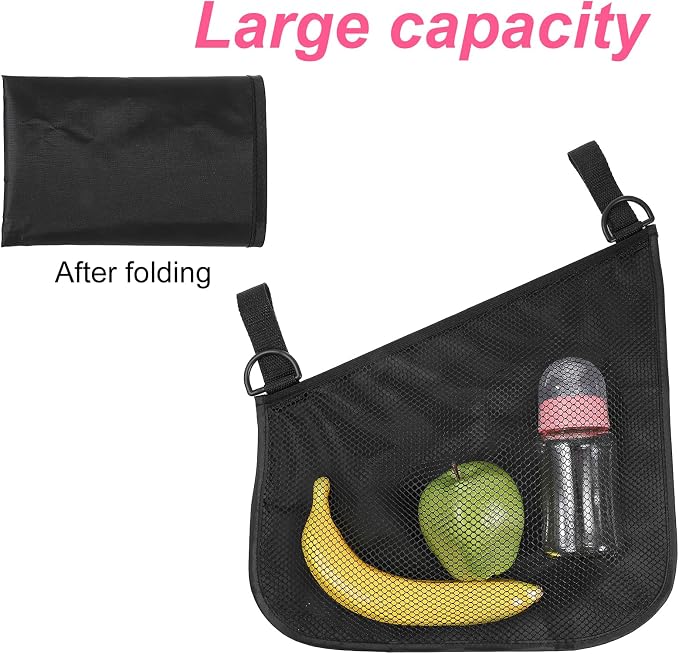2 Pack Side Sling Stroller Organizer, Universal Portable Side Sling Stroller with Mesh Cargo Net, Black Adjustable Mesh Storage Bag with Non-Slip Straps for Extra Cargo Space