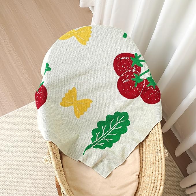 Opewod Cozy 100% Cotton Knitted Baby Blanket, 30"x40" Cute Strawberry & Bow Pattern, Soft Receiving Blanket for Newborns & Toddlers, Ideal for Crib, Stroller & Nursery Decor