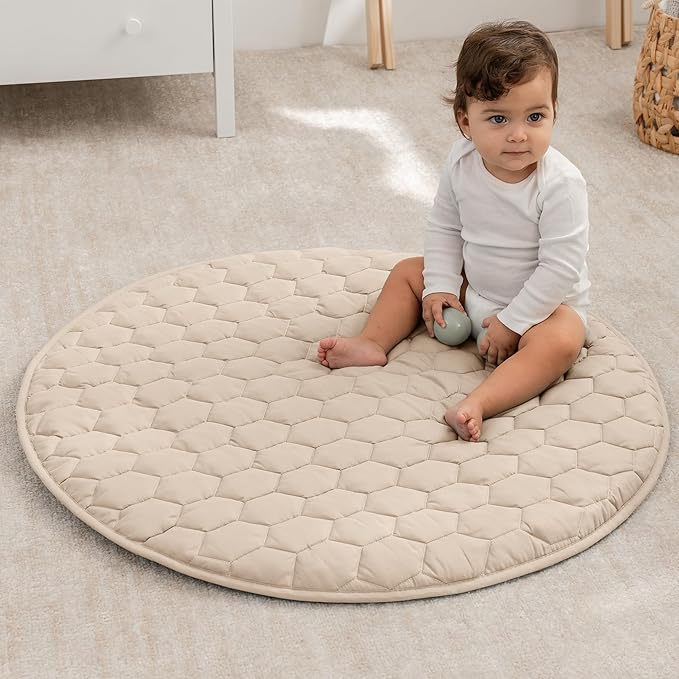 Comfy Cubs Round Kids Play Mat -Small 36 inches Soft Quilted Baby Floor Mat with Non-Slip Bottom - Plush Design for Toddlers' Playtime - Comfortable and Durable - Sand