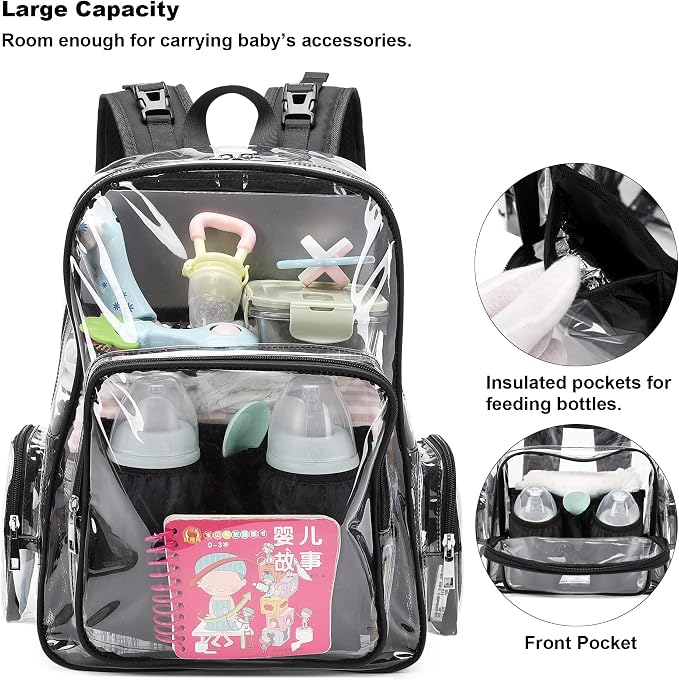 Clear Diaper Bag Backpack for Baby Girls Boys, Mom Nappy Bags for Women (Black)