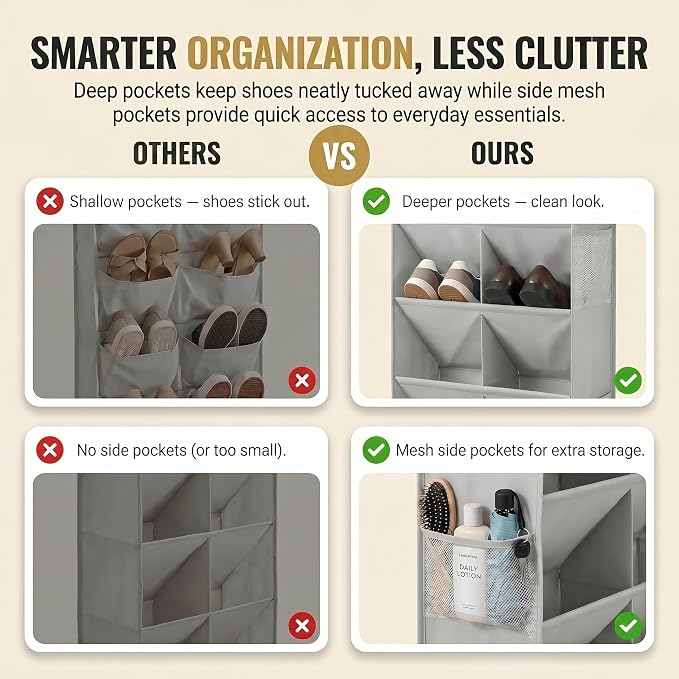 8 Tier Hanging Shoe Organizer – 100D Extra Thick Deep Pockets, Shoe Rack for Closet, Shoe Rack for Entryway, Over the Door Shoe Organizer for Closet with 6 Side Pockets for Boots (Transparent)