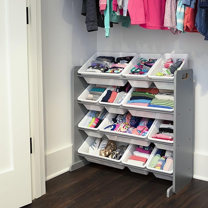 Humble Crew Kids Toy Storage Organizer with 12 Plastic Bins, Grey/White ??Removable Bins for Playroom, Bedroom, Toddler Furniture for Boys and Girls Ages