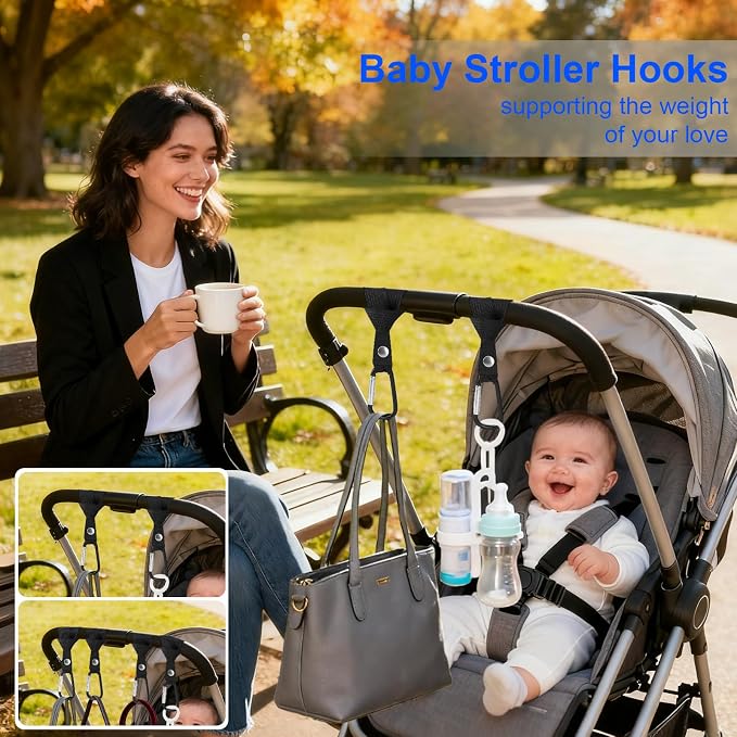 4-Pack Baby Stroller Hooks for Bags - Heavy Duty 2.48" Universal Carabiner Clips with Reinforced Rope, Multi-Scene Use for Bikes, Backpacks & Camping Gear