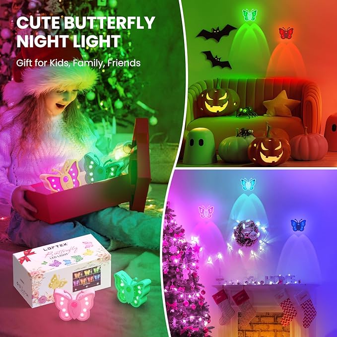 LOFTEK Rechargeable Motion Sensor Light, 2 Color Modes, Dimmable RGB Ambient Lighting, Cute Butterfly Light for Kid's Bedroom, Bathroom, Hallway, Tent & Stairs - Ideal Home Decor & Gift, White of 4