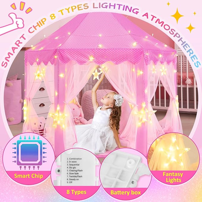 EVOIONOS Princess Tent for Girls, Castle Tent for Girls, Princess Castle Play Tent with Large Star Lights, Kids Tent Indoor Playhouse, Pink Girls Tent, 55 x 53 inches