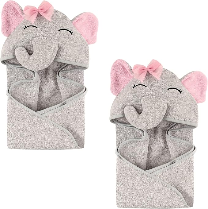 Hudson Baby Unisex Baby Cotton Animal Face Hooded Towel, Pretty Elephant 2-Piece, One Size