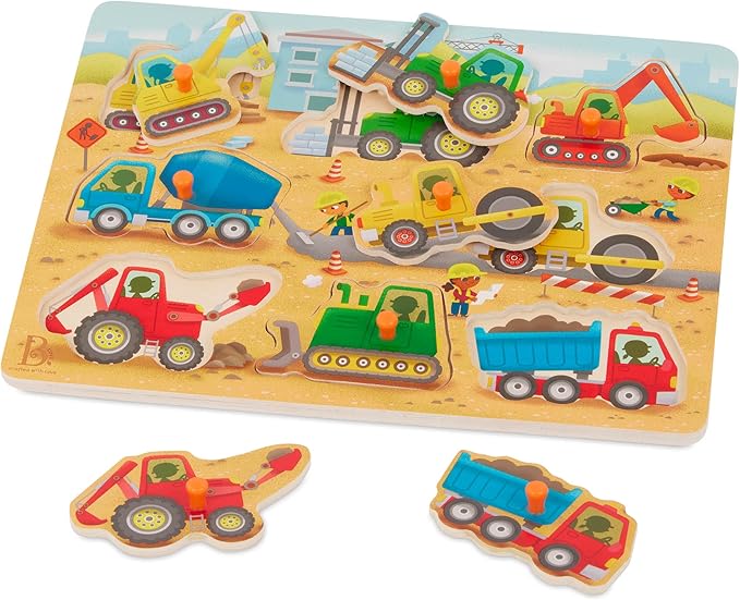 B. toys – Peek & Explore – Construction Trucks – Wooden Peg Puzzle – Truck Puzzle for Toddlers, Kids – 8 Construction Truck Pieces – Dump Truck, Cement Mixer, Excavator & More – 2+ Years