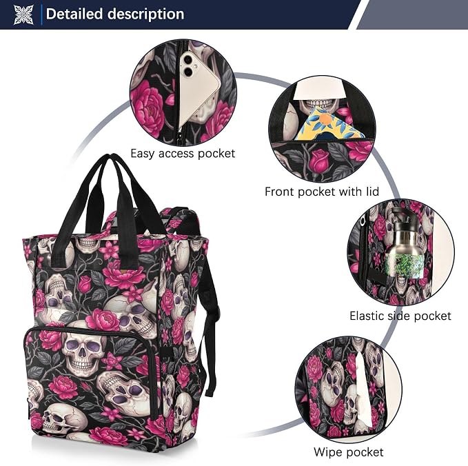 Purple Skull Rose Diaper Bag – Insulated, Travel for Mom