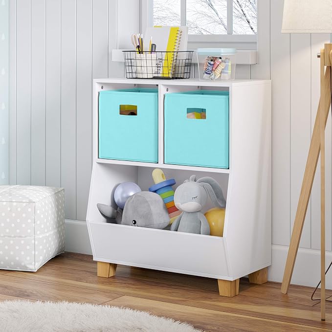 RiverRidge Kids Bookshelf Toy Storage Organizer with 2 Cubbies, 2 Folding Aqua Fabric Bins & Spacious Bin White Playroom Toy Organizer and Cubby Storage
