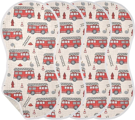 Muslin Burp Cloths for Baby Boys and Girls - 4-Pack Ultra Absorbent Fire Truck Muslin Washcloths, Newborn Towel, Milk Spit Up Rags, Burp Cloth Bib for Unisex, 22 x 11 Inch