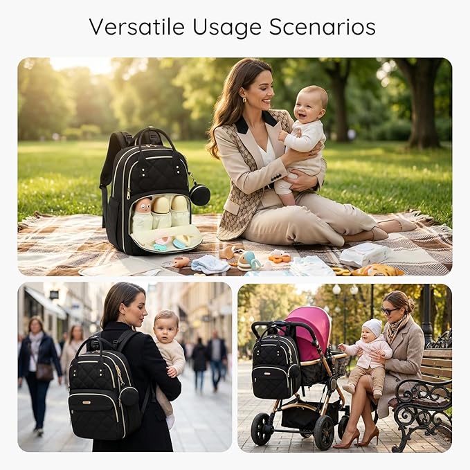 Diaper Bag Backpack, Large 26L Baby Bag with Portable Changing Pad & Pacifier Case, Waterproof Quilted Maternity Backpack for Mom and Dad, Travel Essentials with Insulated Pockets, Purple