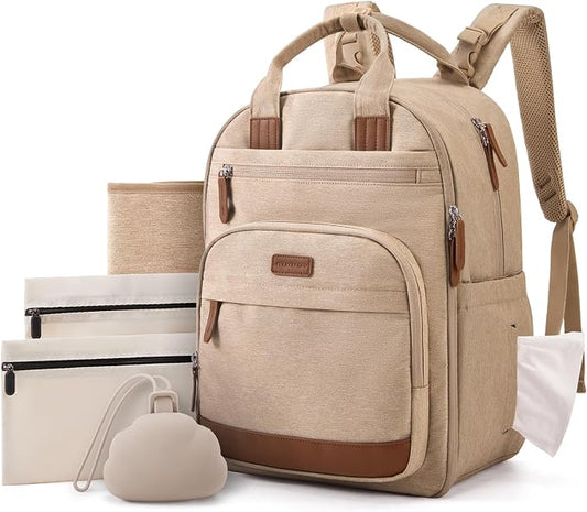 mommore Diaper Bag Backpack with Waterproof Changing Pad, Insulated Bottle Holders & Pacifier Case, Baby Diaper Bag with 2 Organizer Pouches, Stroller Straps, Camel