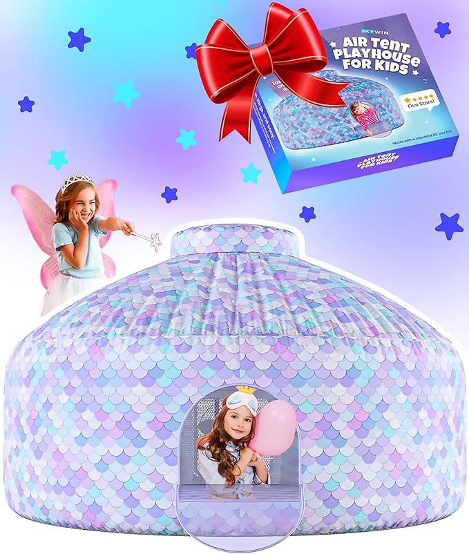 Skywin Mermaid Magic Fort Air Tent for Kids with Door (77??x 50?? Builds in 30 Seconds, Toddler Tents Indoor for Imaginative Play, Kids Forts Indoor Playhouse, Christmas/Birthday Gift (Fan Not Incl)