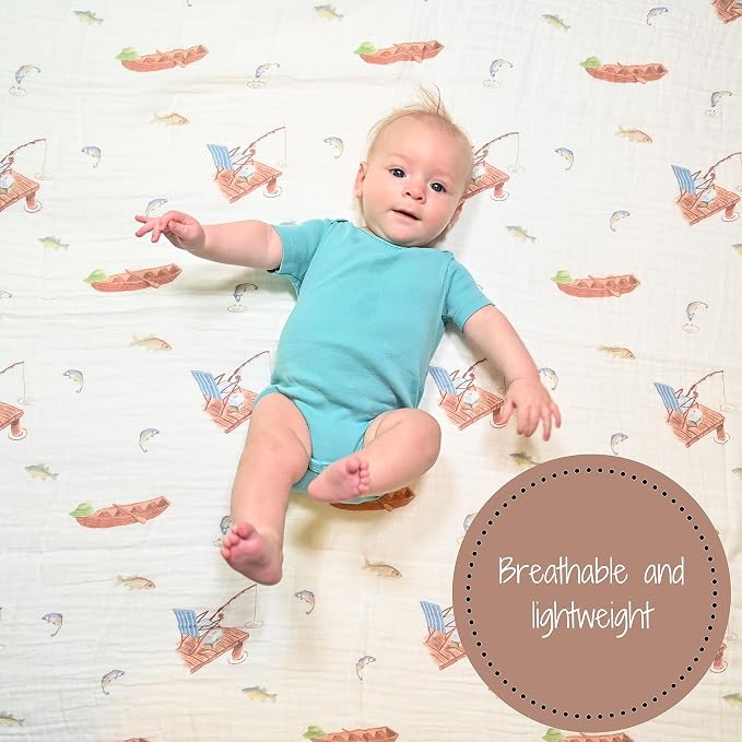 LollyBanks Baby Blanket, 100% Cotton Muslin Swaddle Blankets for Boys, Large 47 x 47 Inches Newborn Blanket, Soft and Breathable Receiving Blankets, Baby Essentials, Registry (Fishing Print)