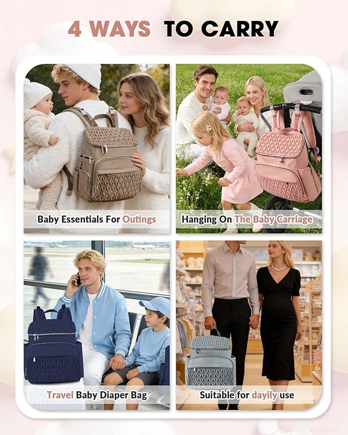 Baby Diaper Bag Backpack, Expandable Baby Bag for Girl Boy, Travel Diaper Backpack with Insulated Pocket, Changing Pad, Quilted Diaper Bag for Mom Dad, Newborn Baby Essentials Must Have Black