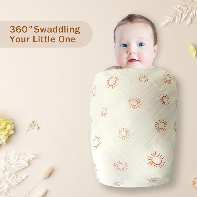 3-Pack Muslin Swaddle Blankets 47x47-100% Cotton Breathable Receiving Blankets for Newborn Baby, Soft Swaddling Wraps, Sunny Elephant Parade
