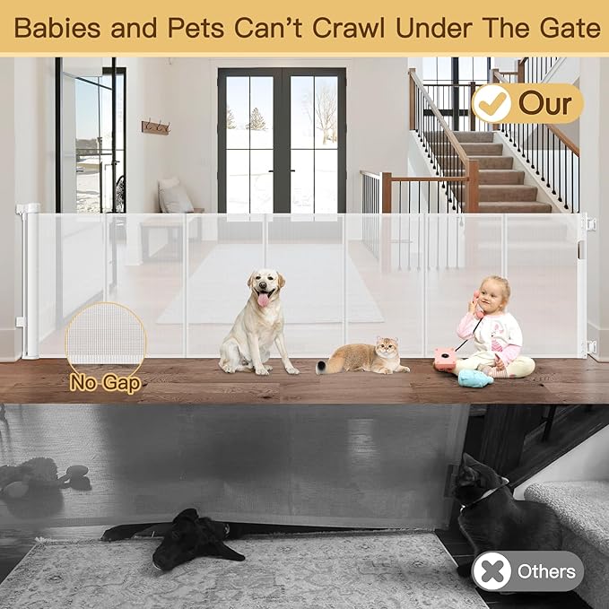 Reinforced 159 Inch Extra Wide Child Gates for wide Openings, Indoor/Outdoor Retractable Fence/Barrier/Blocker/Screen for Baby and Pet, Bottom Anti-crawl Extra Long Baby Gate for Large Openings, White