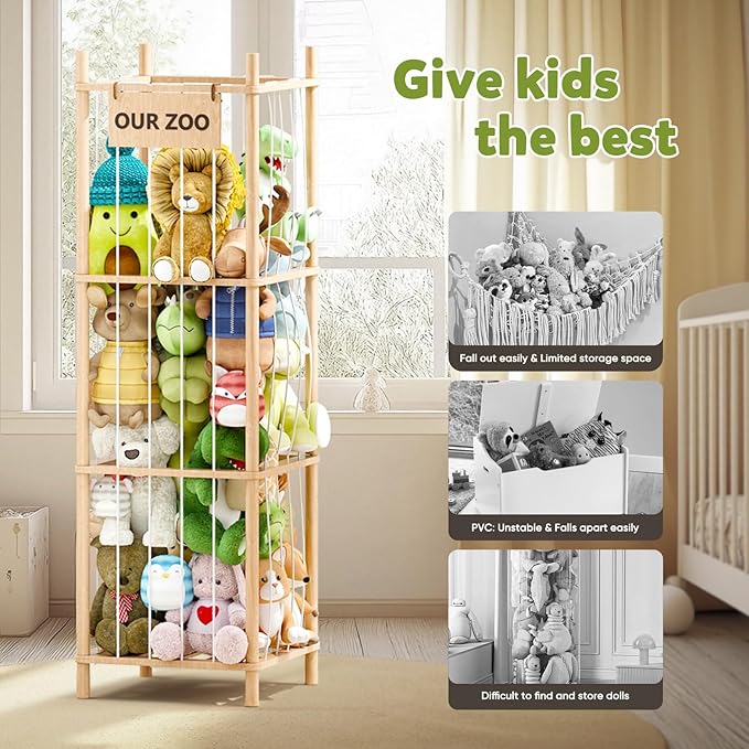 Dayacoco Stuffed Animal Storage, Wood Stuffed Animals Organizer Holder Zoo, Extra Large Capacity Stuff Storage with Elastic Band and Net for Nursery Kids Play Room Bedroom (Pine Wood)