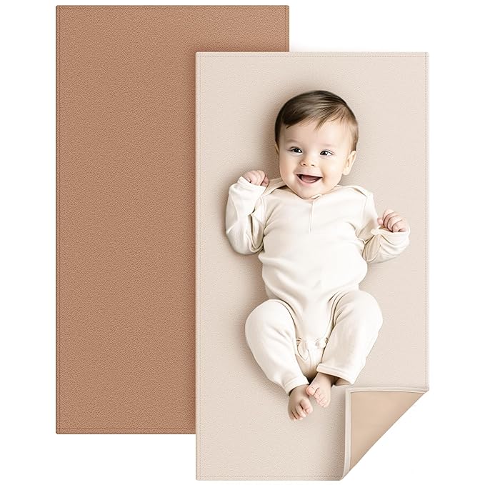 Konssy Faux Leather Baby Changing Mat, Waterproof, Wipeable & Portable Diaper Changing Pad for Travel or Home, Fits Perfectly in Diaper Bag, 32 x 20 inches (Brown,Beige)