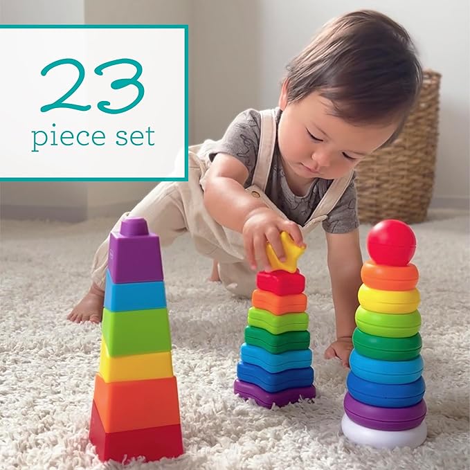 Infantino Tower Stackers Playset, Multicolor Rainbow-Themed Stacking Towers for Babies 12M+, 3-Style Set, Rings, Squares & Stars, 23 Pieces