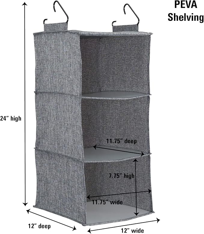 Household Essentials 3 Shelf Hanging Closet Organizer, Hanging Shelf with Hooks, Poly Linen and PEVA Shelving