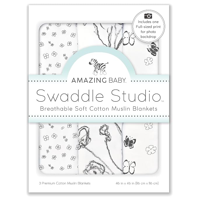 Amazing Baby Muslin Blankets, Set of 3, XLarge 46x46 inches, Soft Black Loved Wreath