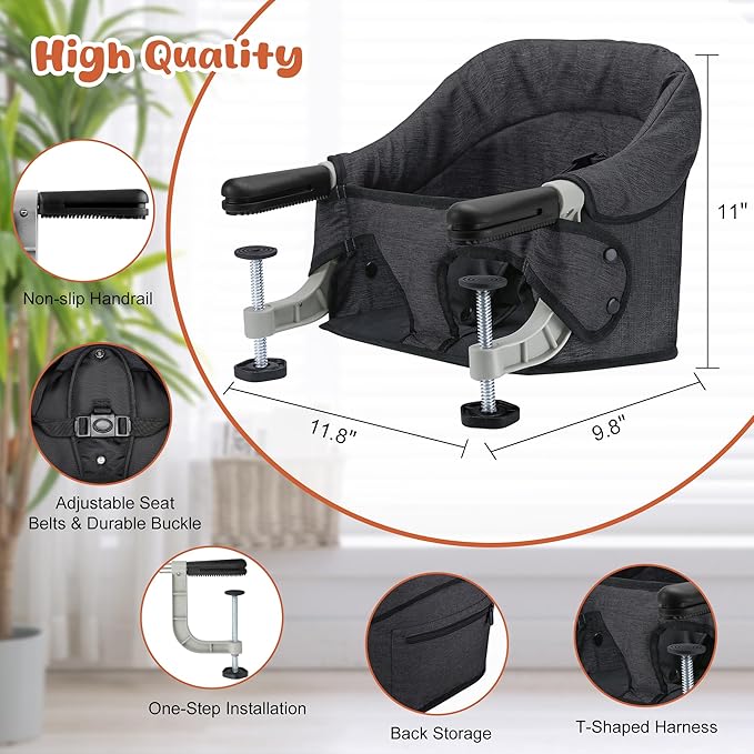 Hook On High Chair, Portable Foldable Clip On Baby Travel High Chair, Lightweight Feeding Seat with Storage Bag, BPA-Free Safety Harness for Home Restaurant (Black)