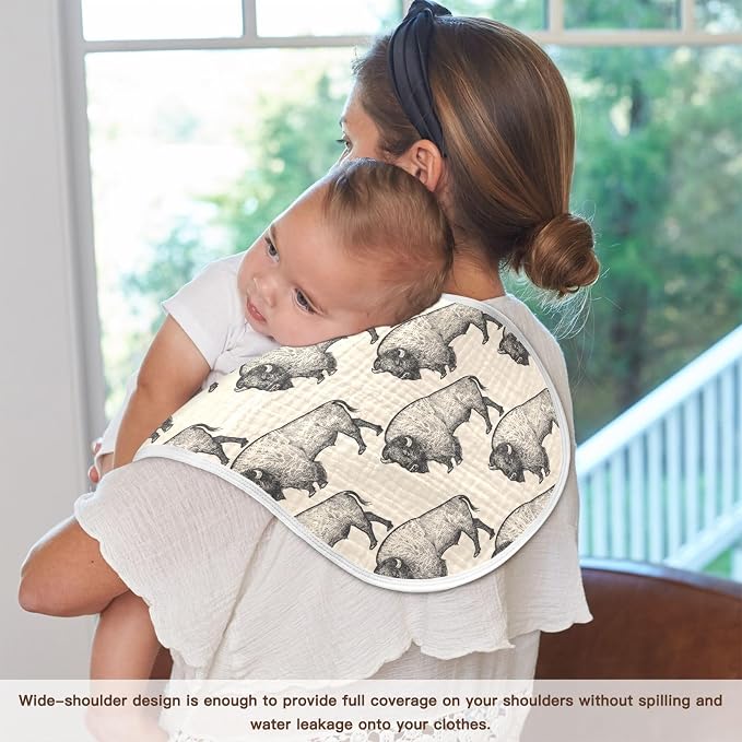 Muslin Burp Cloths for Baby Boys and Girls - 4-Pack Ultra Absorbent North America Bison Muslin Washcloths, Newborn Towel, Milk Spit Up Rags, Burp Cloth Bib for Unisex, 22 x 11 Inch