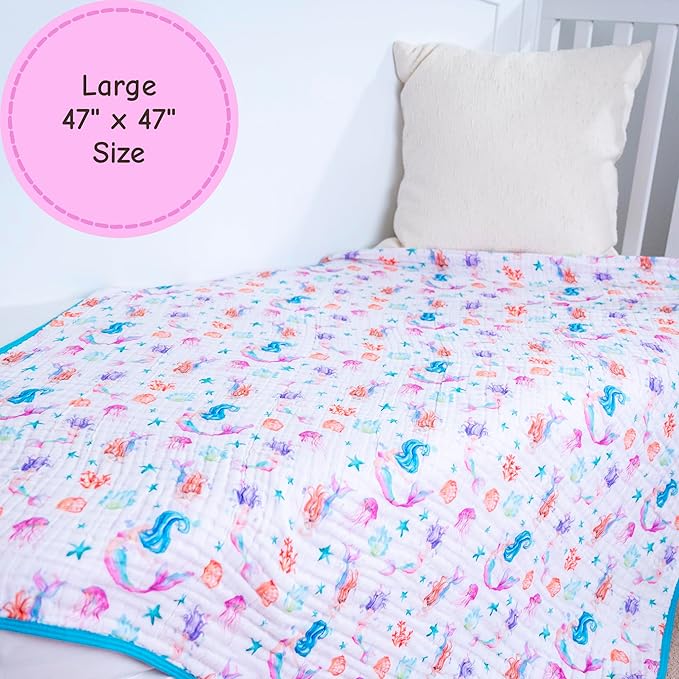 LollyBanks Muslin Baby Quilt, 6-Layer 100% Organic Cotton Baby Blanket for Girls, Soft and Breathable Toddler Quilt, Lightweight Infant Blanket for Crib or Stroller, Newborn Essentials (Mermaid Print)