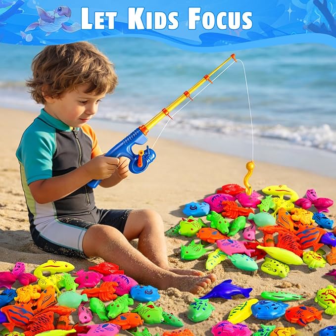 CozyBomB??Magnetic Fishing Toys Game Set for Kids | Water Table Bathtub Kiddie Pool Party Pole Rod Net, Outdoor Plastic Floating Fish, Toddler Bath Color Ocean Sea Animals Birthday Gift Age 3-5 6 4-8