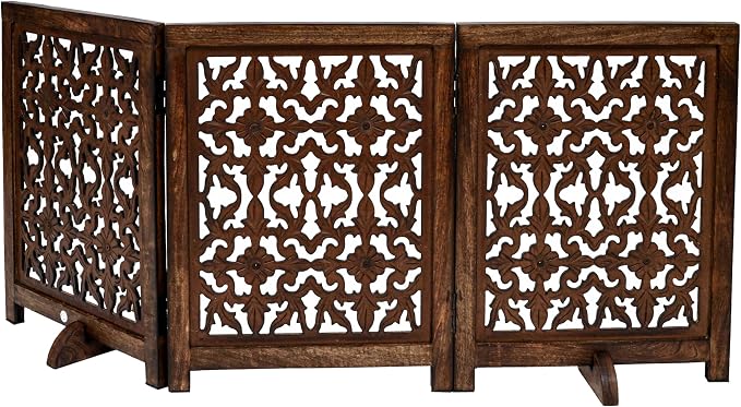 Freestanding Pet Gate for Dogs, Foldable Wooden Dog Gate for House, Indoor Dog Gate for Stair, Doorway, Flower Design Gates for Dogs Indoor, 54 Inch Wide, (18" x3 Panels =54 inch), Burnt Finish