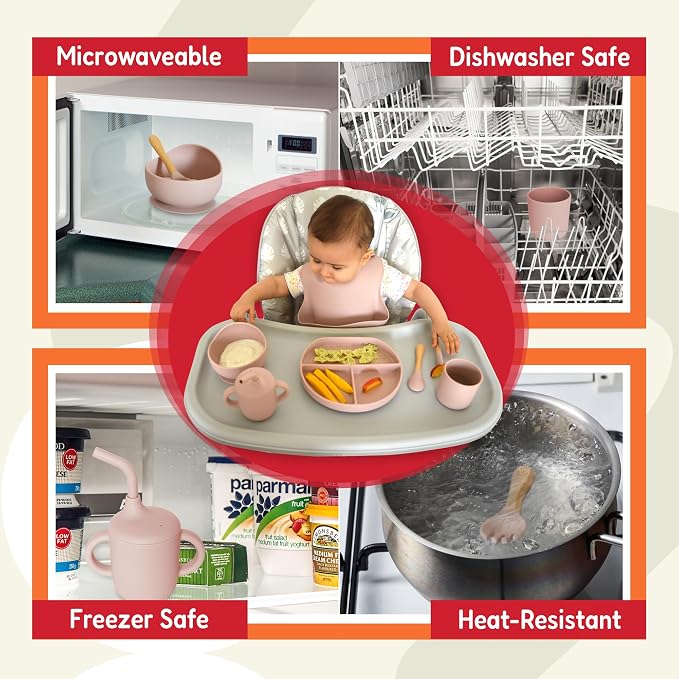 Tygo Silicone Baby Feeding Set – Complete Self-Feeding Set with Suction Plate, Spill-Proof Bib, Wooden Spoon & Fork, Leak-Proof Cups – Encourage Independence, Healthy Eating in Infants and Toddlers