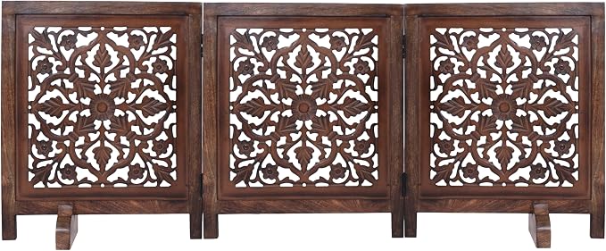 Dog Gate Indoor, Free Standing Folding Wooden Dog Gate for Doorway, Hallway or Stairs, Decorative 3 Panel Wood Pet Fence, 60x24 Inch Pet Gate, Natural Burnt Lucy Design