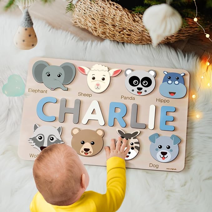 Cute Name Puzzle: Personalized with Name and Animals | 1st Birthday Gift, Wooden Toy Playful Learning Experience for Kids Ages 0-3: Handmade by Zuzu Puzzle, CPC Certified