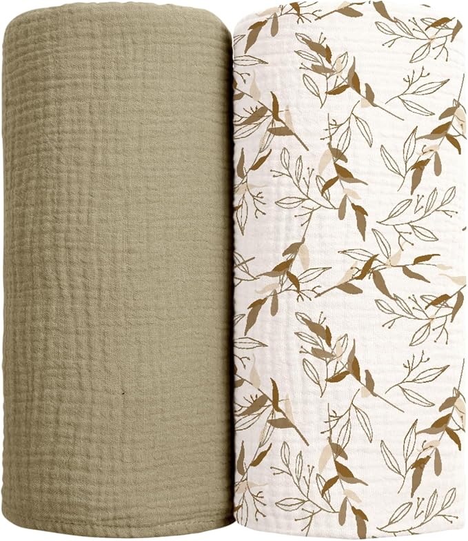 lulumoon Muslin Swaddle Blankets for Baby: Cotton & Soft Receiving Blanket for Newborn with Branche Printed- Neutral Gift for Baby Shower 2pack(Olive Branche)