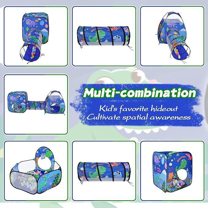 Gift 5PC Dinosaur Kids Play Tent with Ball Pit, Crawl Tunnel, Toddlers Playhouse Castle Toys, Baby Boys Girls Gift for 3 4 5 6 7 Years Old, Outdoor Indoor(Balls Not Included