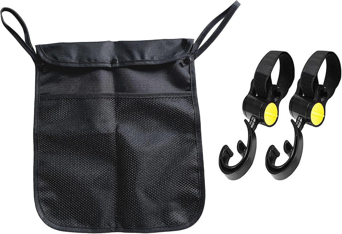 Baby Stroller Organizer With Two compartments Front Mesh Pocket for Bottle Nappy Diaper Storage, Detachable Straps,2pcs Organizer Hooks (Yellow)