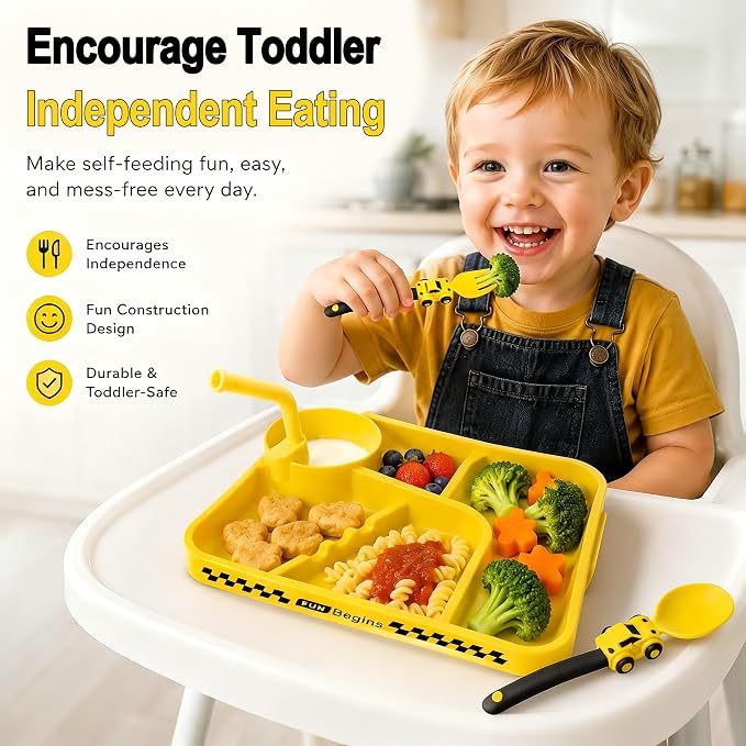 Deinyi Fun Construction Toddler Plates & Utensils - Divided Non-Tip Plate for Ages 1 2 3 4 5 6 7 - Perfect Birthday Party Gift for Boys & Girls - Yellow