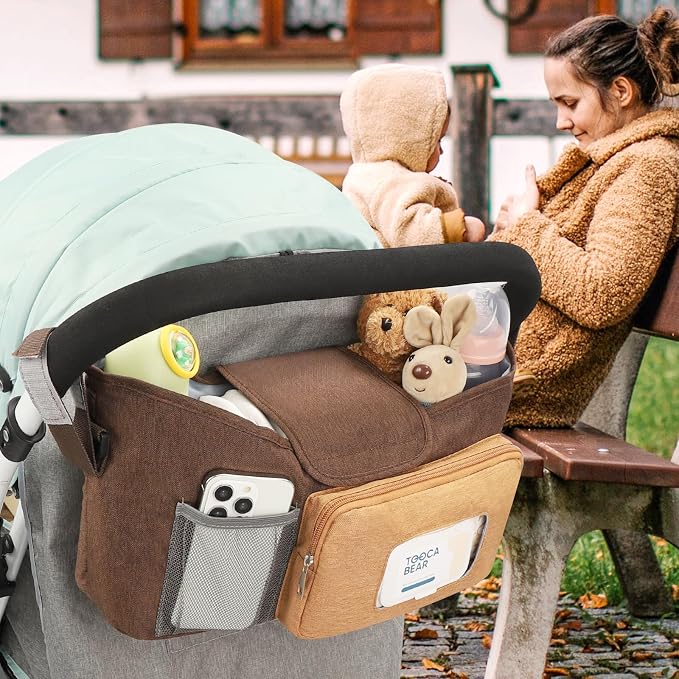 Accmor Universal Stroller Organizer with Insulated Cup Holder, Stroller Caddy Bag Accessories, Stroller Cup Holder Organizer for Uppababy Baby Jogger Britax Stroller, Brown