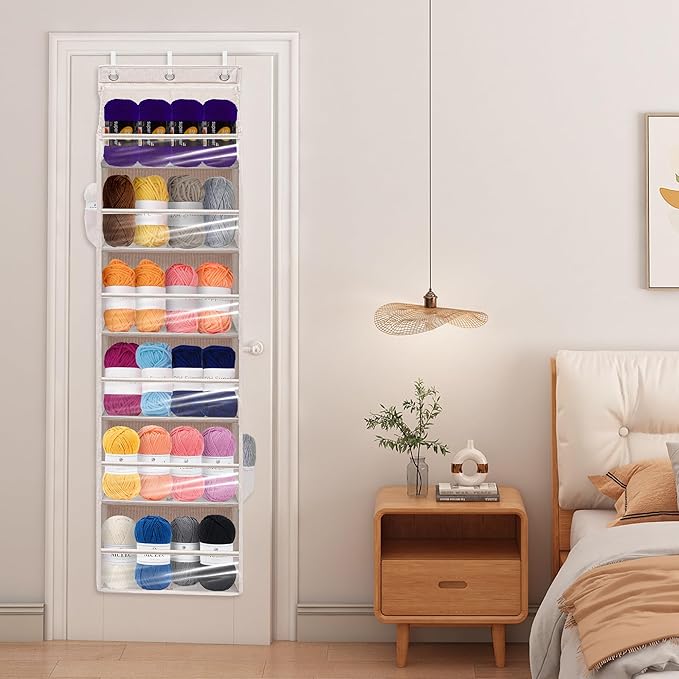 Over Door Organizer with 6 Extra Large Pockets 12 Side Pockets, Sturdy Closet Storage Rack, Hanging Storage Organizer with Clear Window for Shoes, Diaper, Bedroom, Bathroom, Beige, 3-Pack