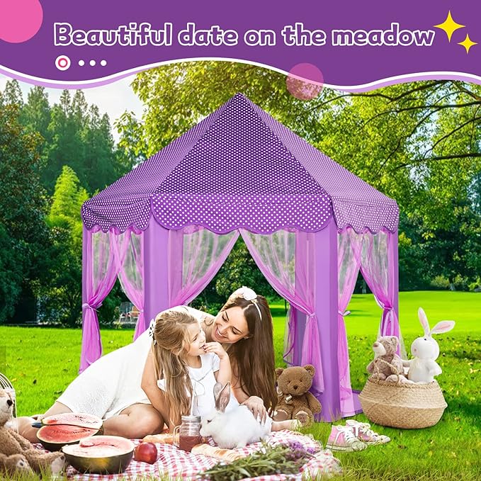 Purple Princess Castle Tent for Girls with Fairy Star Lights Play Tents for Kids Hexagon Playhouse Fairy Toys for Children or Toddlers Indoor or Outdoor Games